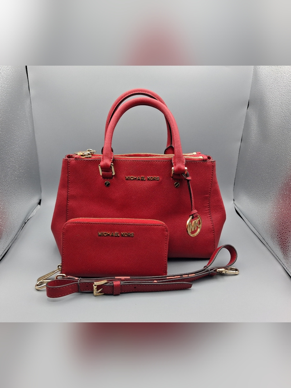 Michael Kors Sutton Red Satchel Saffiano Leather Structured Purse Bag & Wallet